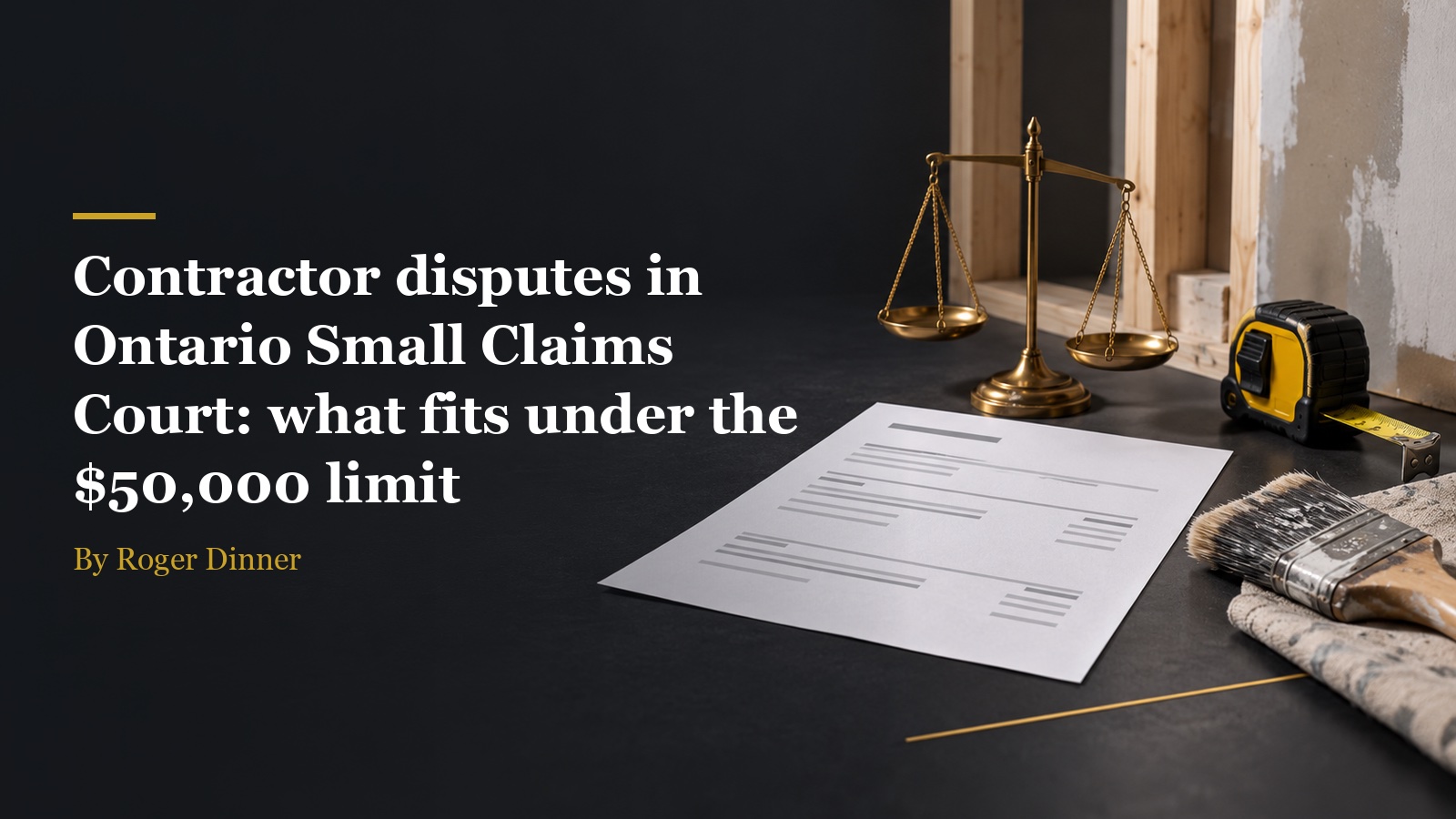 A half-finished renovation and an unpaid invoice on a workbench, in charcoal and gold, for an article on contractor disputes in Ontario Small Claims Court.
