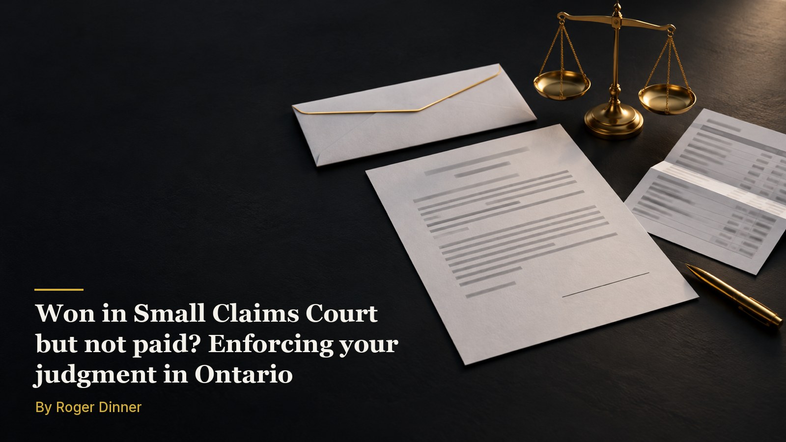 A court judgment, an envelope and a bank statement on a dark desk beside a gold pen and scales, in charcoal and gold, for an article on enforcing a Small Claims Court judgment in Ontario.
