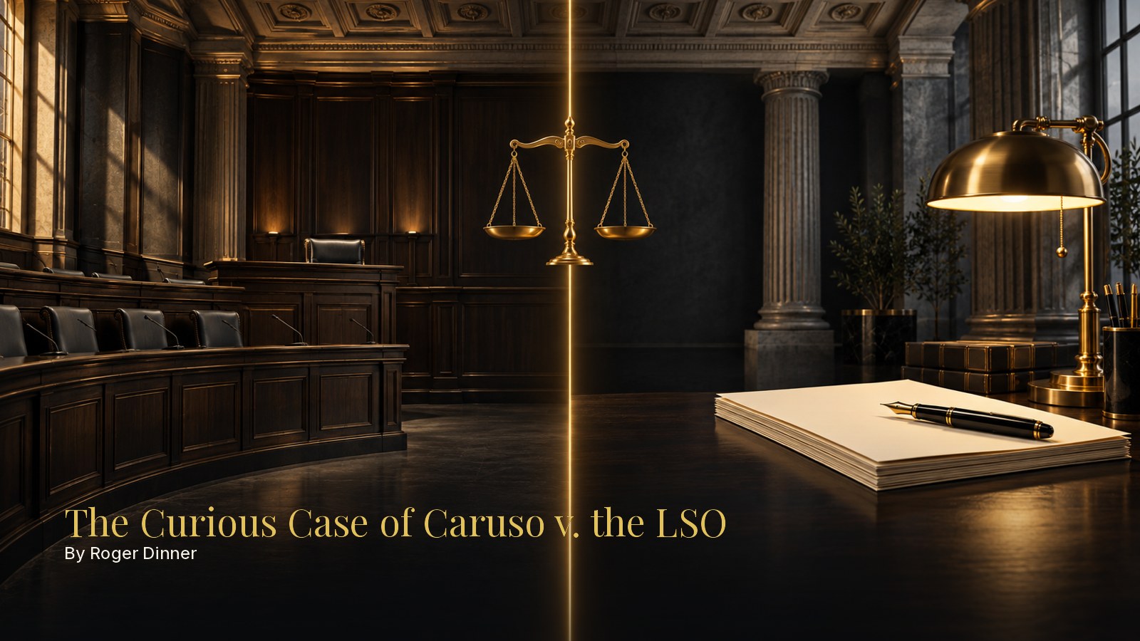 A gold line divides an empty tribunal hearing room from a blank application on a desk, the line drawn in Caruso v. the LSO.