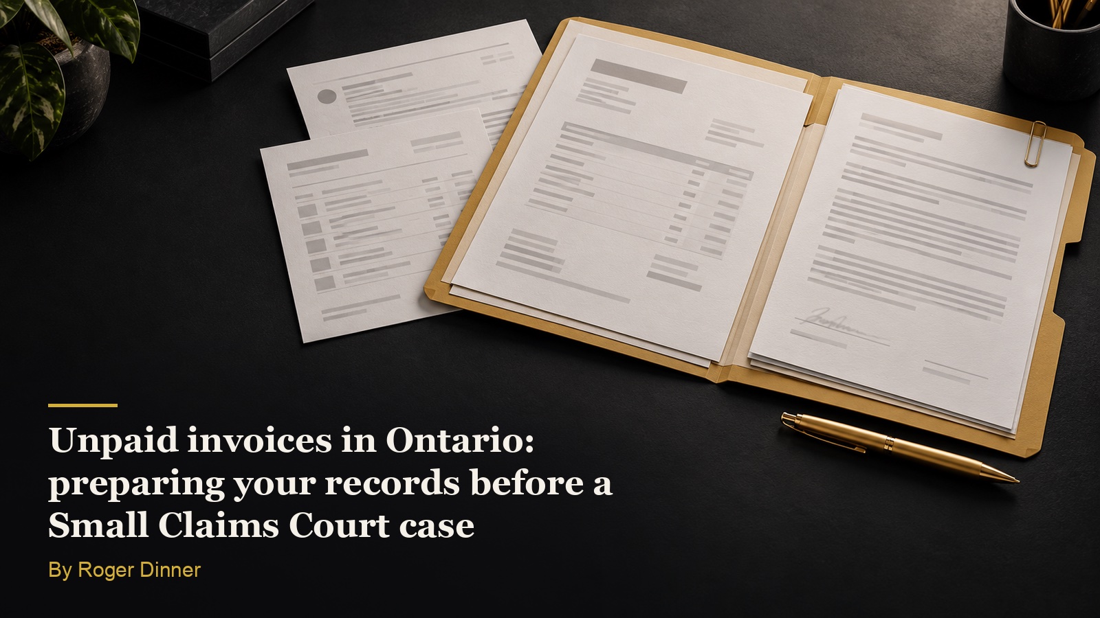 An organized folder of invoices, a signed quote and payment records on a desk, in charcoal and gold, for an article on unpaid invoices and Small Claims Court.